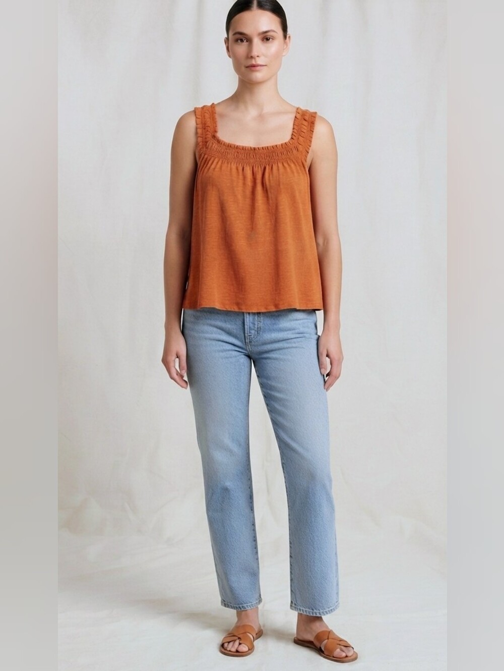 By Anthropologie Rust Orange Smocked Square Neck Tank Top Medium